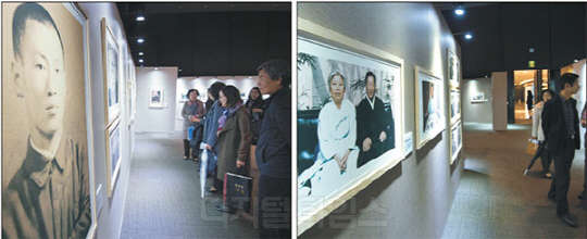 아산 정주영 탄생 100주년 기념 사진전 '아산 백년, 불굴의 개척자 정주영'이 열린 25일 서울 삼성동 현대백화점 무역센터점 10층 에메랄드홀에서 관람객들이 고 정주영 현대그룹 명예회장의 일대기가 담긴 작품들을 둘러보고 있다. 고 정주영 명예회장의 젊은 시절 사진(왼쪽)과 정 명예회장의 부인 변중석 여사와 함께 찍은 사진을 시민들이 살펴보고 있다. 이번 전시는 오는 30일까지 열린다. 유동일기자 eddieyou@